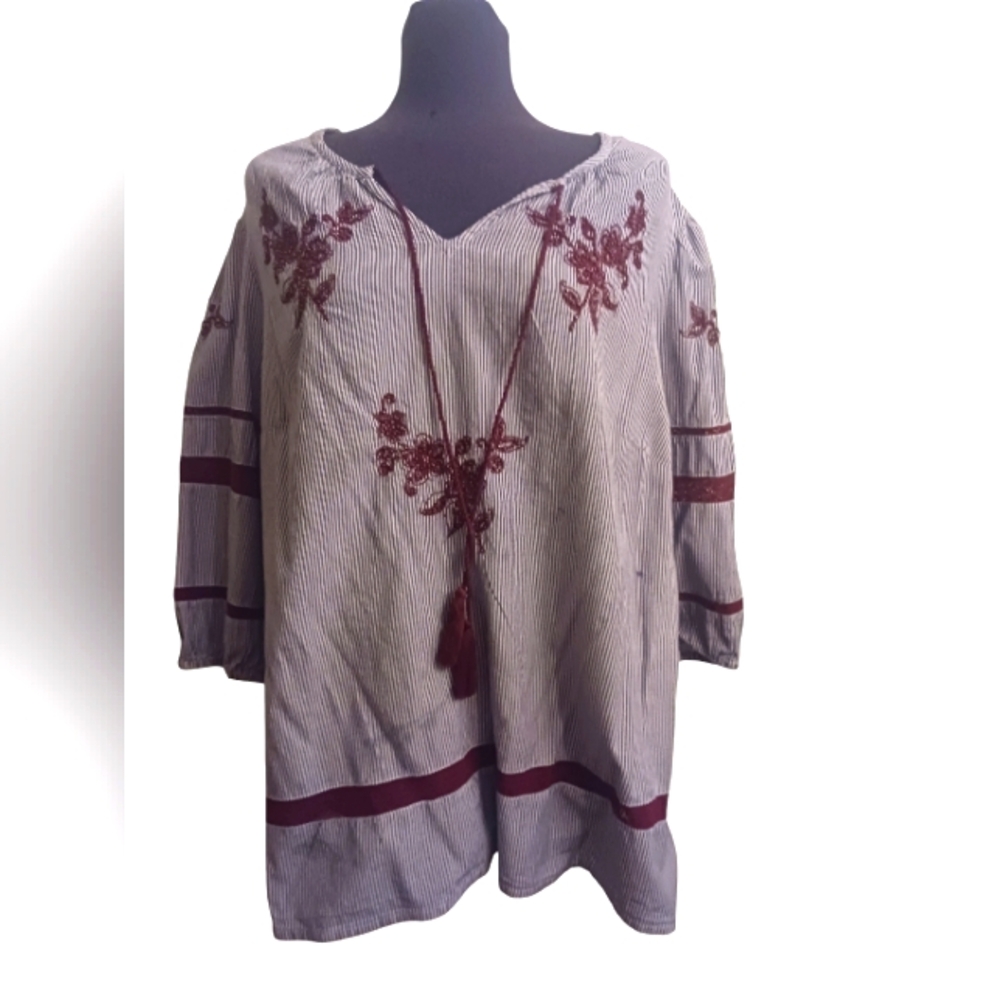 Blue & White Striped Blouse with Beaded Floral Design by Woman Within Size 18/20 - Picture 4 of 4